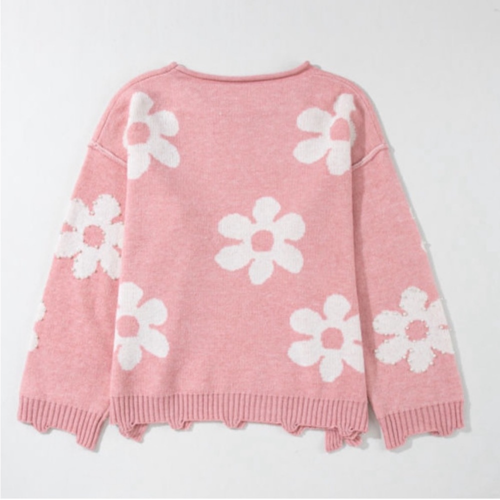 🍂Pearl Beaded Pink Spring Daisy Drop Shoulder Sweater - Picture 7 of 7